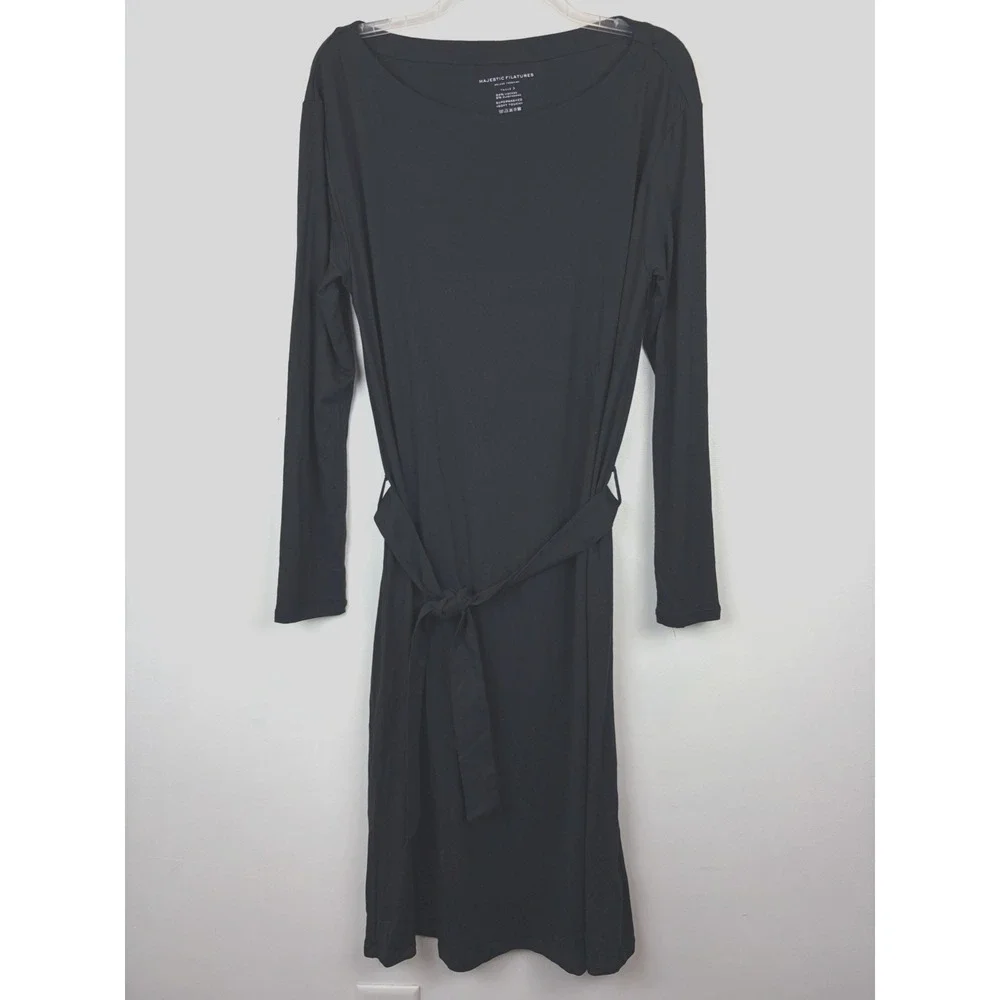Majestic Filatures 3 Medium Midi T Shirt Dress Black Belted Soft Capsule Minimal